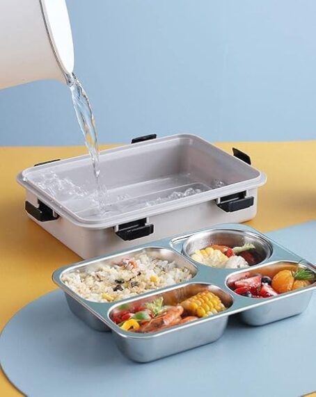 Stainless Steel 4 Compartment Lunch Box with Breathable Button Design | Includes a Bowl, Spoon, Fork, and a Pair of Chopsticks (Peach) - Image 4