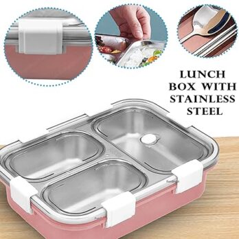 Stainless Steel 3 Compartment Lunch Box with Breathable Button Design | Includes a Spoon, Fork, and a Pair of Chopsticks (Peach)