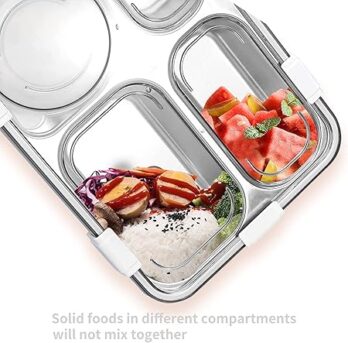 Stainless Steel 4 Compartment Lunch Box with Breathable Button Design | Includes a Bowl, Spoon, Fork, and a Pair of Chopsticks (Peach)