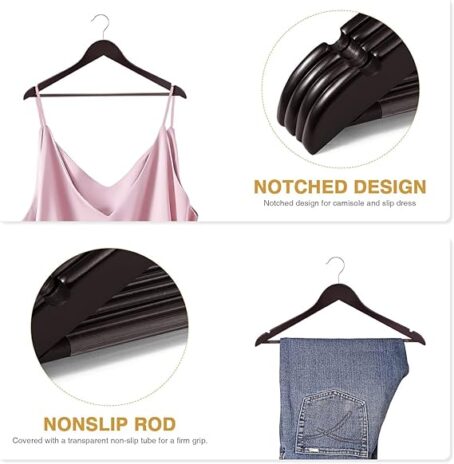 Wooden Brown Hangers (A Grade) Non Slip Pants Bar Smooth Finish Solid Wood Coat Hanger with 360° Swivel Hook Precisely Cut Notches for Camisole Jacket Pants Dresses Clothes Hangers (Pack Of 6Pcs) - Image 3
