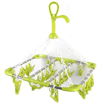 Stainless Steel Clothes Drying Rack Portable Foldable Laundry Drip Square Cloth Pegs Hanger with 30 Clips and Rotational Wind Proof Hook for Indoor & Outdoor(Pack of 1, Multicolor)