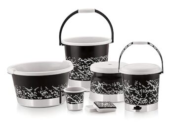 LIZA Bastian Plastic Bathroom Set – Bucket 20 LTR, Tub 18 LTR, Dustbin, Patla, Soap Dish & Mug 1ltr, Heavy Duty, Large Capacity (Set of 6 ps)