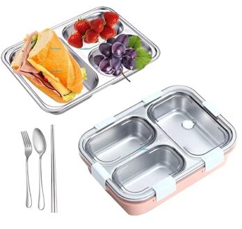 Stainless Steel 3 Compartment Lunch Box with Breathable Button Design | Includes a Spoon, Fork, and a Pair of Chopsticks (Peach)