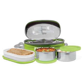 MILTON Executive Lunch Box, 2 Round Inner Steel Round Containers 280ml Each and 1 Microwave Safe Oval Plastic Container, 450ml with Insulated Bag