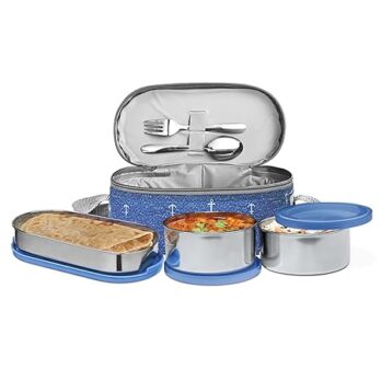 MILTON Corporate Lunch Box, 2 Round Inner Stainless Steel Round Containers 280ml Each and 1 Stainless Steel Oval, 500ml with Insulated Bag
