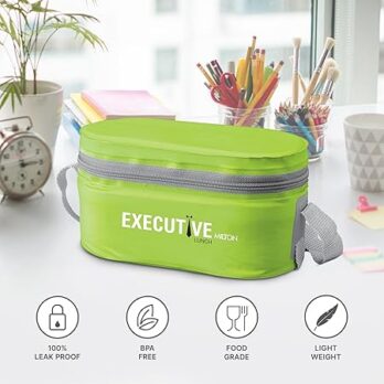 MILTON Executive Lunch Box, 2 Round Inner Steel Round Containers 280ml Each and 1 Microwave Safe Oval Plastic Container, 450ml with Insulated Bag