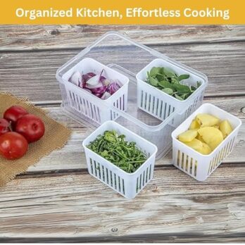 4-in-1 Fridge Storage Box with Airtight Lids, Divided Food Prep Containers for Veggies, Snacks, and Fruits – Durable White (Pack Of 1Pcs)