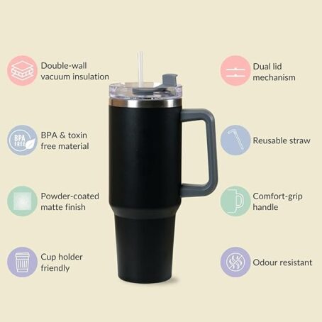 Steel 1.2 litre Tumbler with Handle Straw & Lid | Insulated Reusable Stainless Steel Bottle (Pack Of 1Pcs) - Image 3