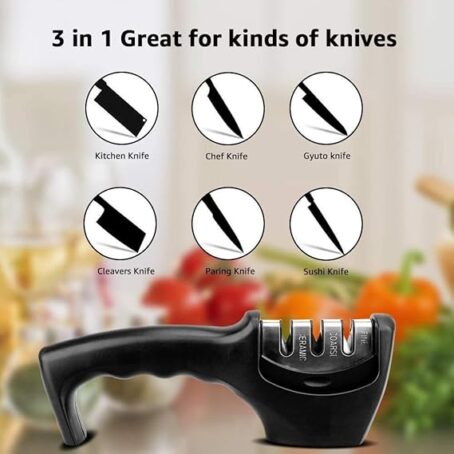 Big Buzz Knife Sharpener Manual 3 Stage Knife Sharpener Tool Advanced Knife Sharpener for Kitchen Knife Sharpener Rod Knife Sharpner Knives Sharpening Tool for Steel Knives Black (Set Of 1Pcs) - Image 5