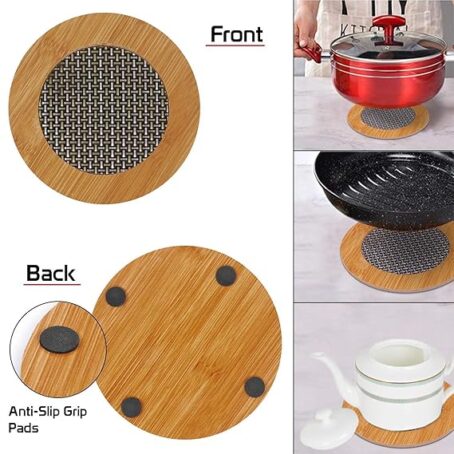 Wooden Anti Hot Heat Resistant Pot Holder Round Shape, Car Dashboard Anti Slip Resistant Pad Dining Table Mat, Wooden Coaster Place Mat, Pot Holder Bamboo 17cm (Pack Of 1Pcs) - Image 4