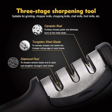 Big Buzz Knife Sharpener Manual 3 Stage Knife Sharpener Tool Advanced Knife Sharpener for Kitchen Knife Sharpener Rod Knife Sharpner Knives Sharpening Tool for Steel Knives Black (Set Of 1Pcs) - Image 4