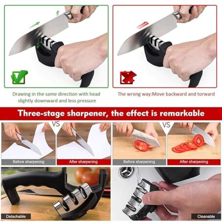 Big Buzz Knife Sharpener Manual 3 Stage Knife Sharpener Tool Advanced Knife Sharpener for Kitchen Knife Sharpener Rod Knife Sharpner Knives Sharpening Tool for Steel Knives Black (Set Of 1Pcs) - Image 3